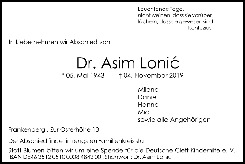  Traueranzeige für Asim Lonic vom 09.11.2019 aus HNA