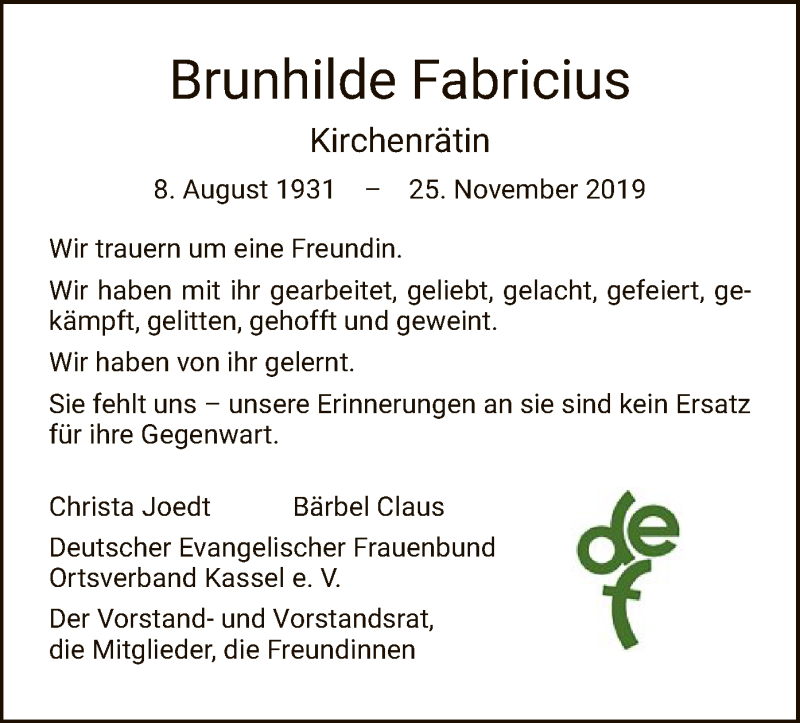  Traueranzeige für Brunhilde Fabricius vom 30.11.2019 aus HNA