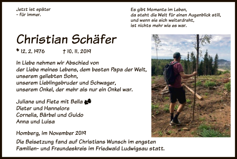 Traueranzeige für Christian Schäfer vom 30.11.2019 aus HNA