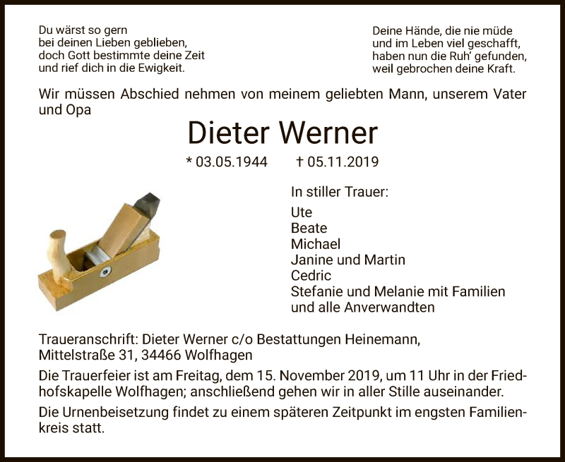  Traueranzeige für Dieter Werner vom 09.11.2019 aus HNA