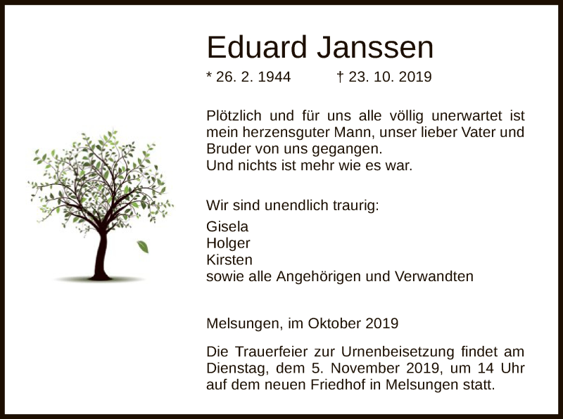  Traueranzeige für Eduard Janssen vom 02.11.2019 aus HNA