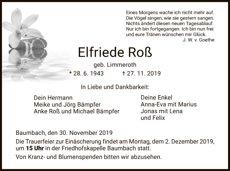  Traueranzeige für Elfriede Roß vom 30.11.2019 aus HNA