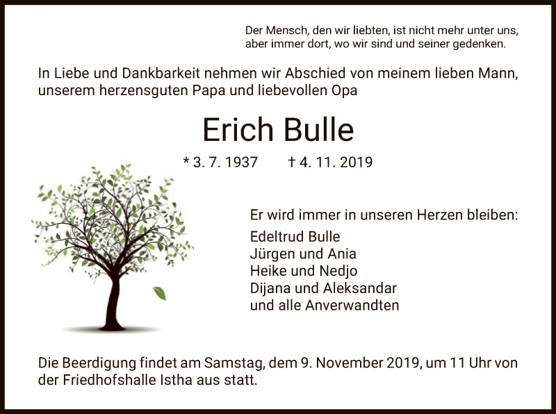  Traueranzeige für Erich Bulle vom 06.11.2019 aus HNA