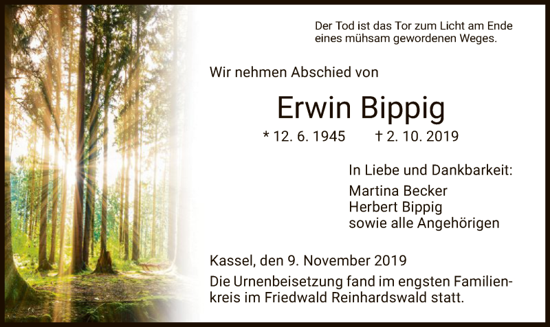  Traueranzeige für Erwin Bippig vom 09.11.2019 aus HNA