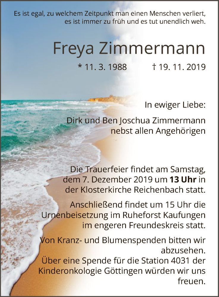  Traueranzeige für Freya Zimmermann vom 30.11.2019 aus HNA
