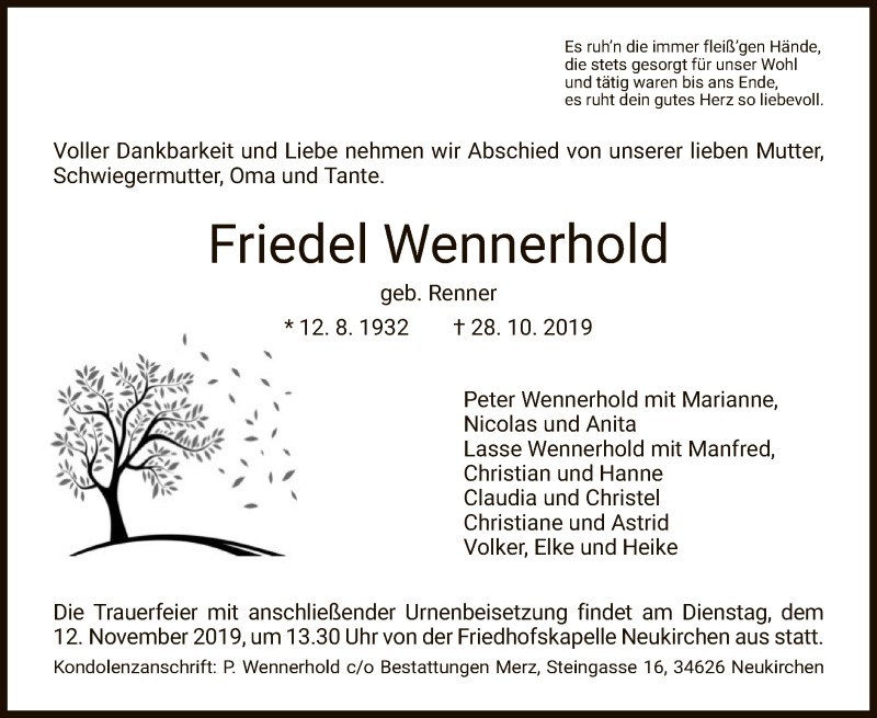  Traueranzeige für Friedel Wennerhold vom 09.11.2019 aus HNA