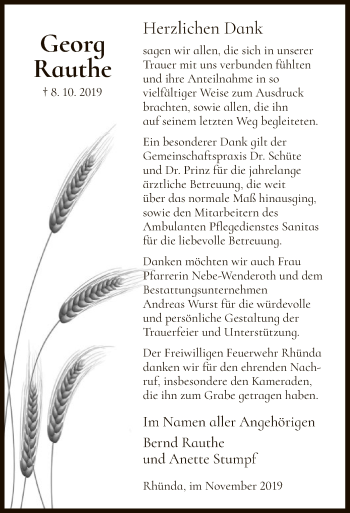 Traueranzeige von Georg Rauthe von HNA