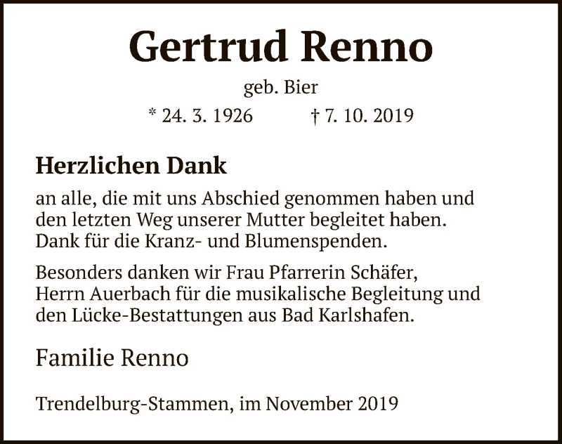  Traueranzeige für Gertrud Renno vom 09.11.2019 aus HNA