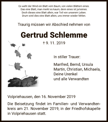 Traueranzeige von Gertrud Schlemme von HNA