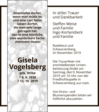 Traueranzeige von Gisela Vogelsberg von HNA