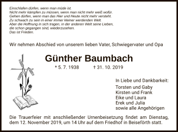 Traueranzeige von Günther Baumbach von HNA