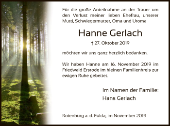 Traueranzeige von Hanne Gerlach von HNA