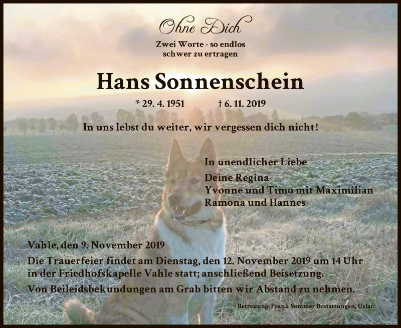  Traueranzeige für Hans Sonnenschein vom 09.11.2019 aus HNA