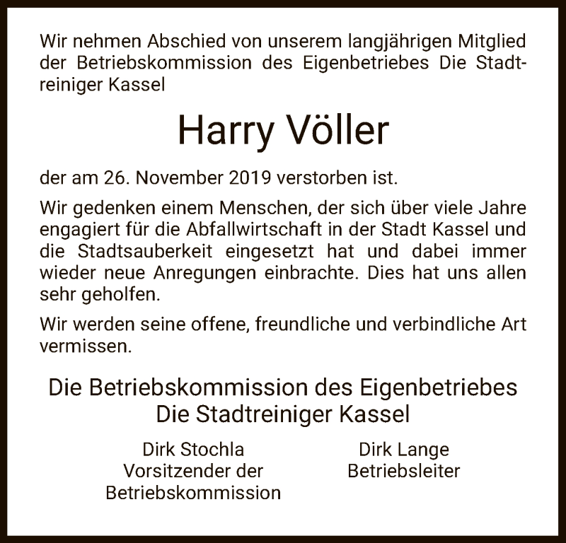  Traueranzeige für Harry Völler vom 30.11.2019 aus HNA