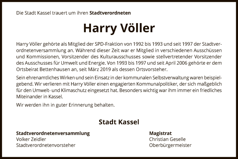  Traueranzeige für Harry Völler vom 30.11.2019 aus HNA