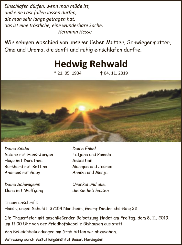  Traueranzeige für Hedwig Rehwald vom 07.11.2019 aus HNA