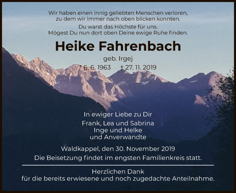  Traueranzeige für Heike Fahrenbach vom 30.11.2019 aus HNA