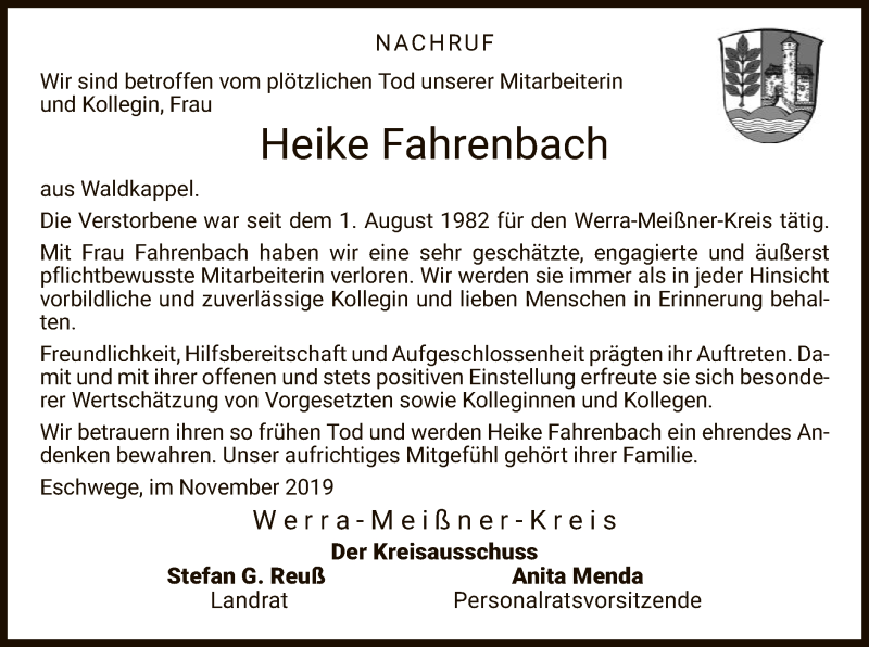  Traueranzeige für Heike Fahrenbach vom 30.11.2019 aus HNA
