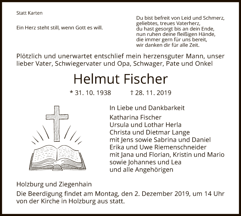  Traueranzeige für Helmut Fischer vom 30.11.2019 aus HNA