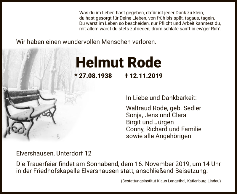  Traueranzeige für Helmut Rode vom 14.11.2019 aus HNA