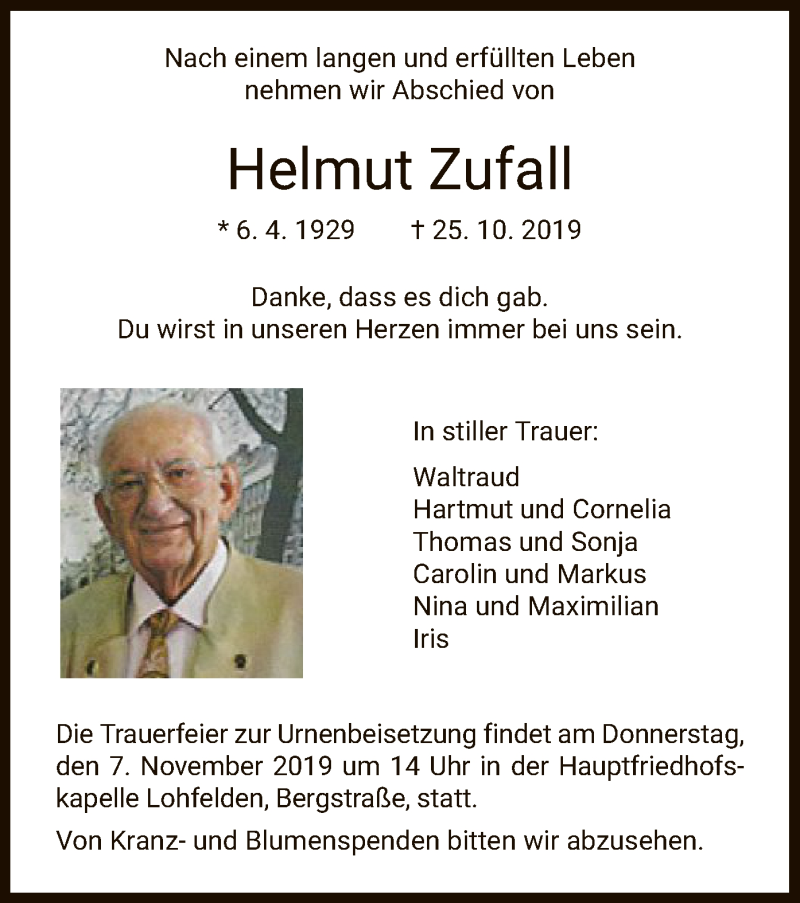  Traueranzeige für Helmut Zufall vom 05.11.2019 aus HNA
