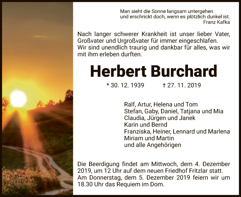  Traueranzeige für Herbert Burchard vom 30.11.2019 aus HNA