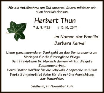 Traueranzeige von Herbert Thun von HNA