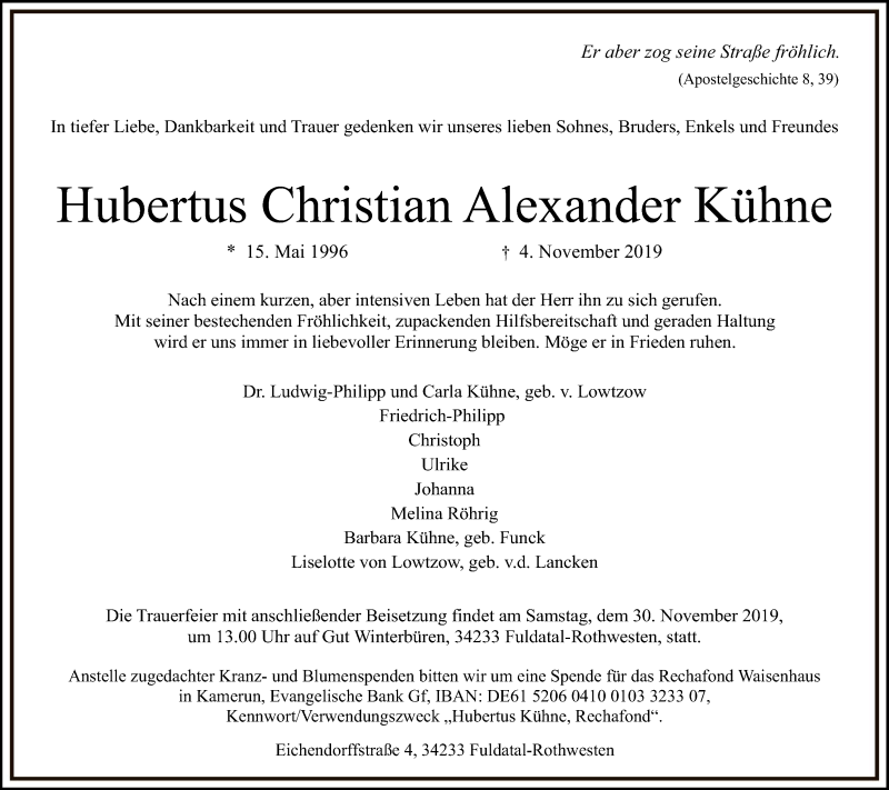  Traueranzeige für Hubertus Christian Alexander Kühne vom 26.11.2019 aus HNA