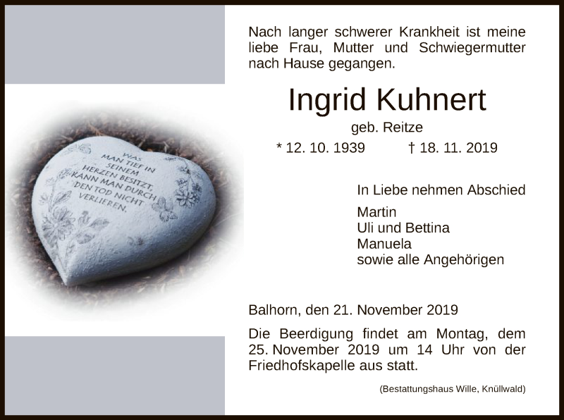  Traueranzeige für Ingrid Kuhnert vom 21.11.2019 aus HNA