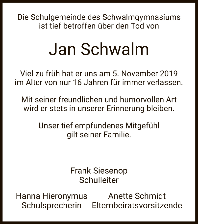  Traueranzeige für Jan Schwalm vom 12.11.2019 aus HNA