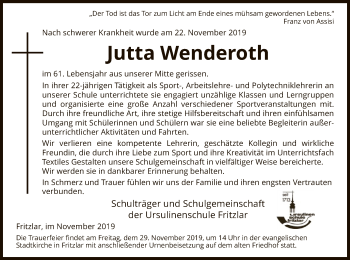 Traueranzeige von Jutta Wenderoth von HNA