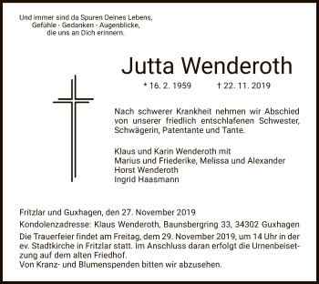 Traueranzeige von Jutta Wenderoth von HNA