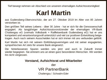Traueranzeige von Karl Martin von HNA
