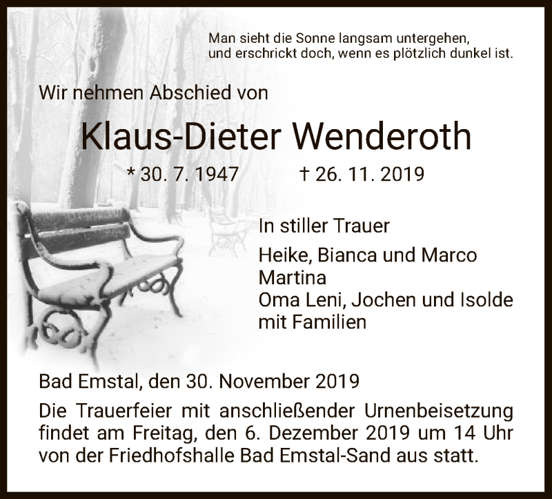 Traueranzeige für Klaus-Dieter Wenderoth vom 30.11.2019 aus HNA