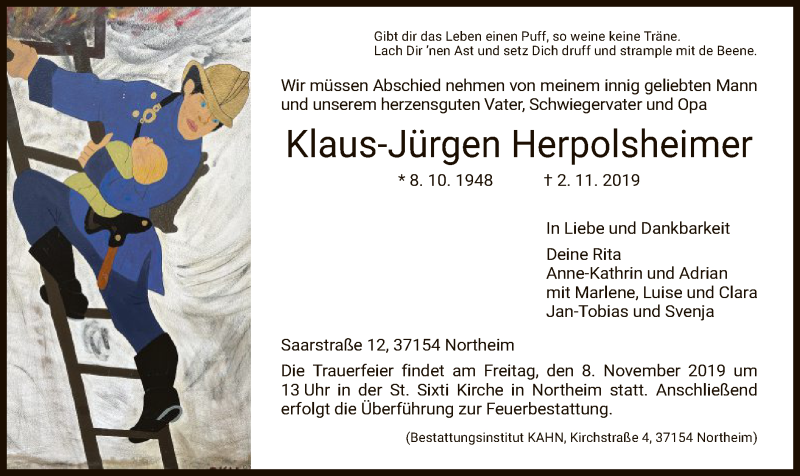  Traueranzeige für Klaus-Jürgen Herpolsheimer vom 06.11.2019 aus HNA