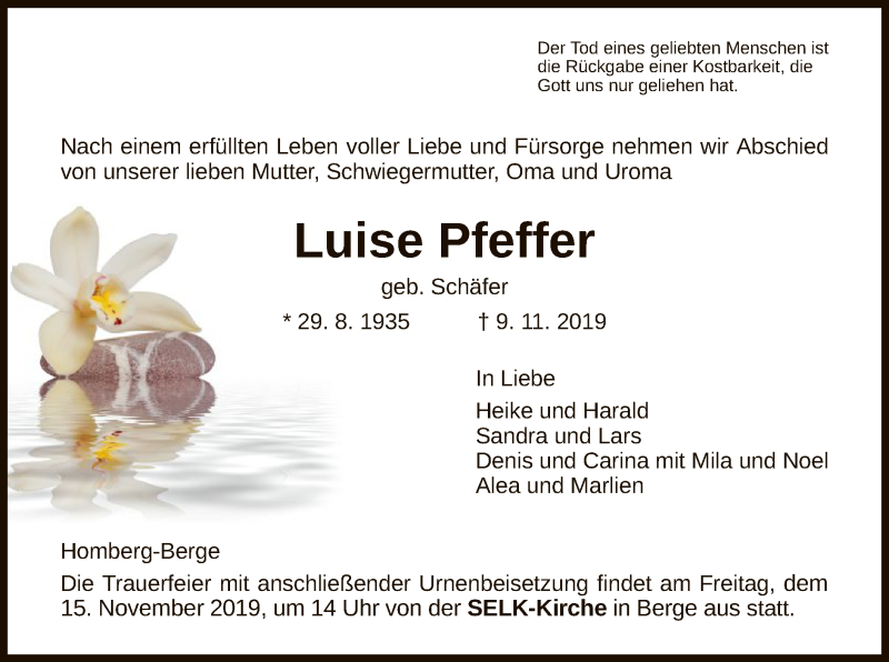  Traueranzeige für Luise Pfeffer vom 13.11.2019 aus HNA