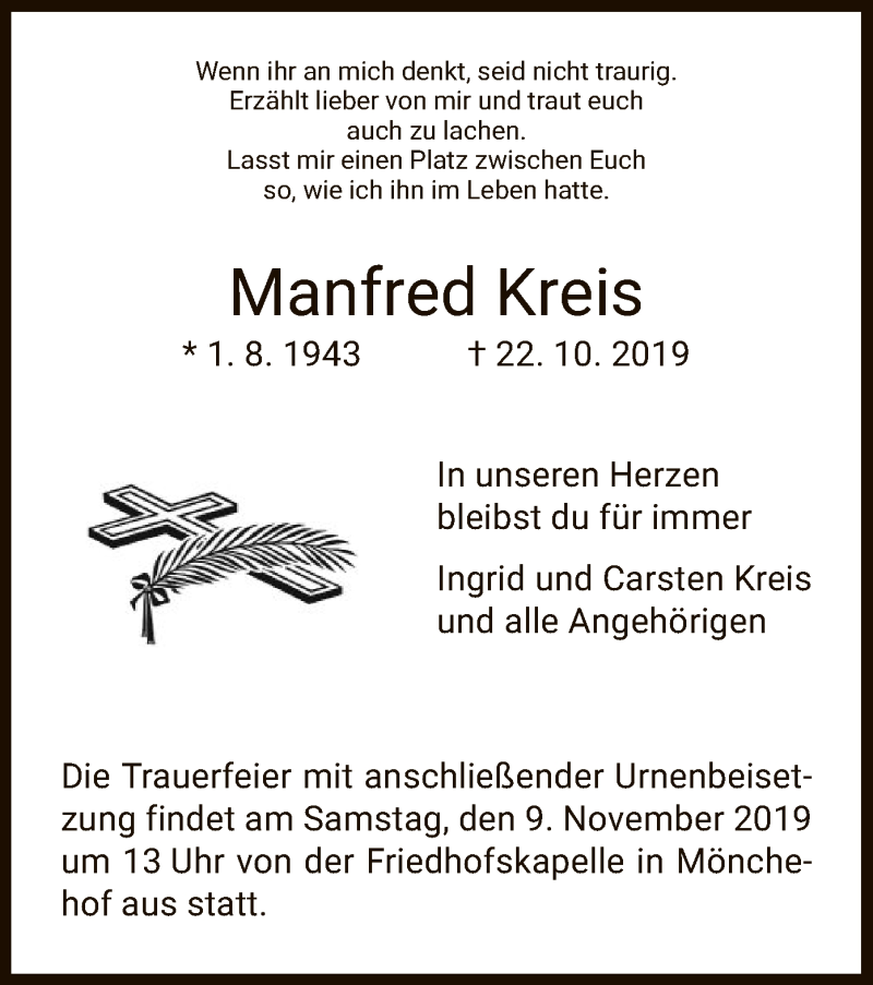  Traueranzeige für Manfred Kreis vom 02.11.2019 aus HNA