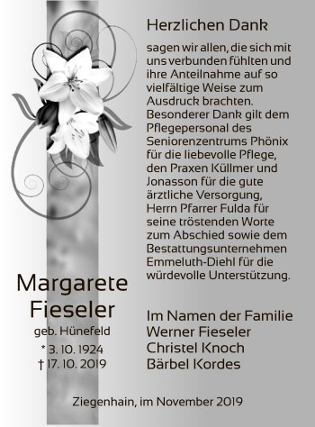 Traueranzeige von Margarete Fieseler von HNA