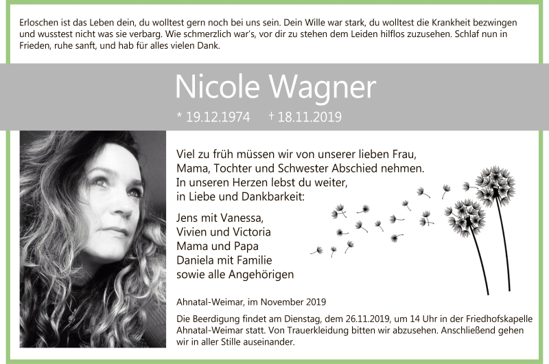  Traueranzeige für Nicole Wagner vom 23.11.2019 aus HNA