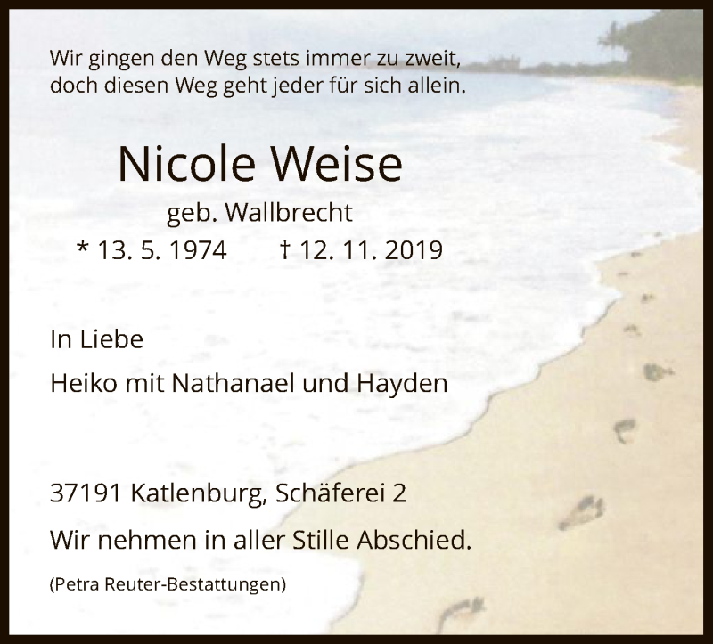  Traueranzeige für Nicole Weise vom 16.11.2019 aus HNA