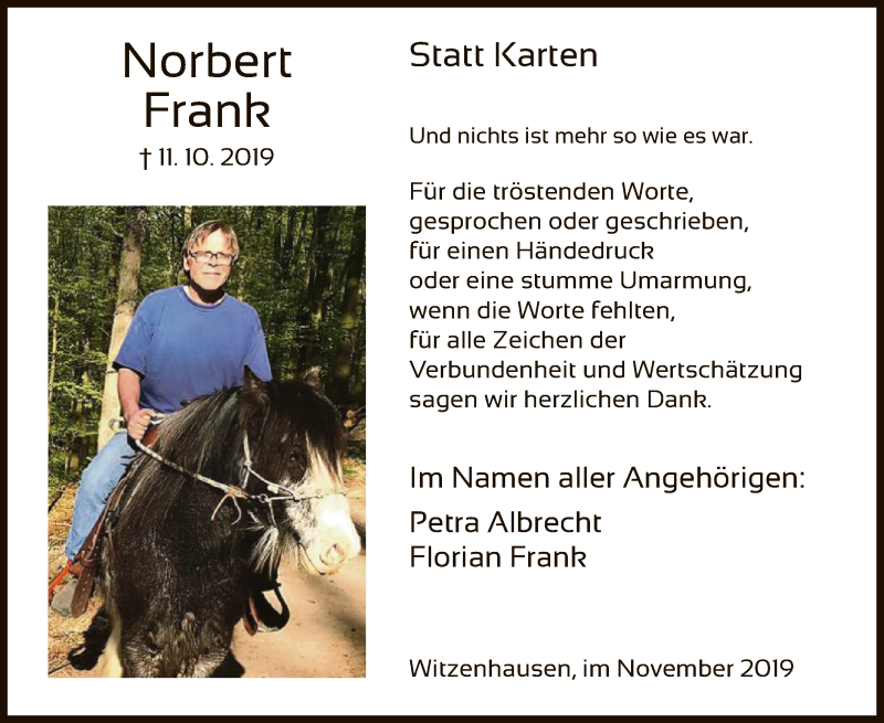  Traueranzeige für Norbert Frank vom 23.11.2019 aus HNA