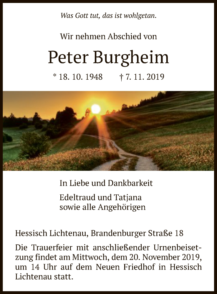  Traueranzeige für Peter Burgheim vom 16.11.2019 aus HNA