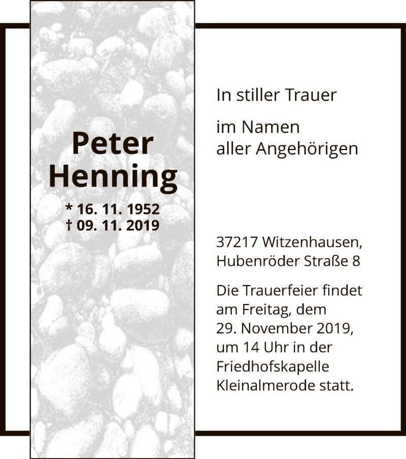  Traueranzeige für Peter Henning vom 23.11.2019 aus HNA