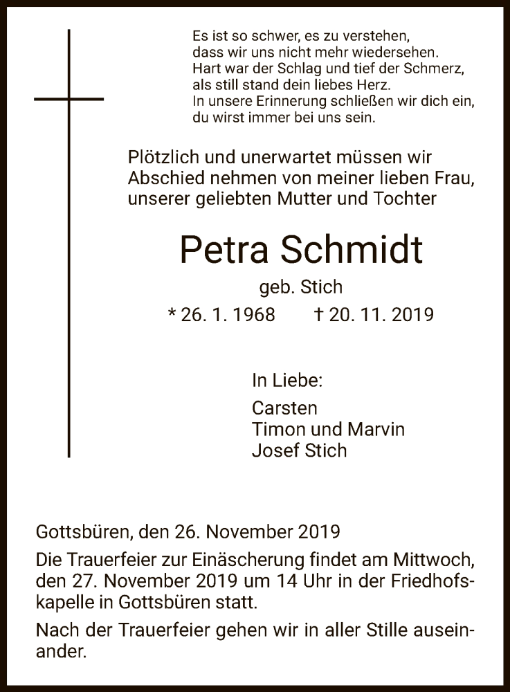  Traueranzeige für Petra Schmidt vom 26.11.2019 aus HNA