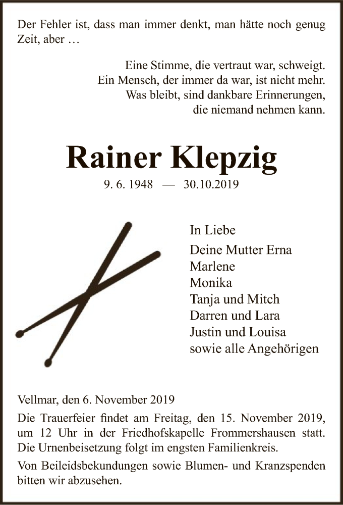  Traueranzeige für Rainer Klepzig vom 09.11.2019 aus HNA