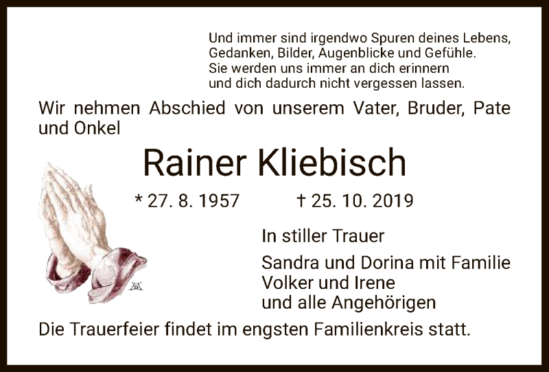  Traueranzeige für Rainer Kliebisch vom 12.11.2019 aus HNA