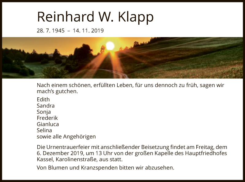  Traueranzeige für Reinhard W. Klapp vom 30.11.2019 aus HNA