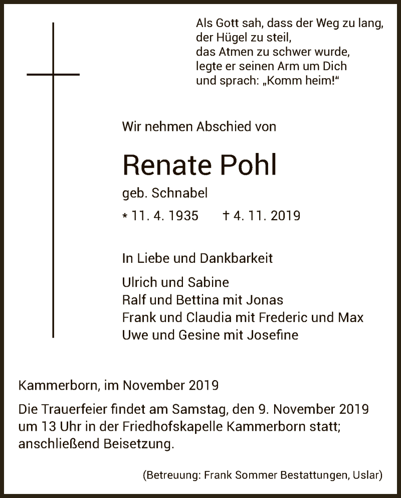  Traueranzeige für Renate Pohl vom 07.11.2019 aus HNA