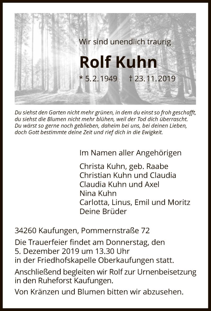  Traueranzeige für Rolf Kuhn vom 30.11.2019 aus HNA