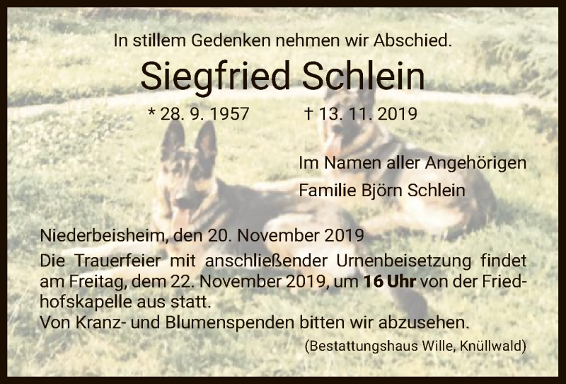 Traueranzeige für Siegfried Schlein vom 20.11.2019 aus HNA